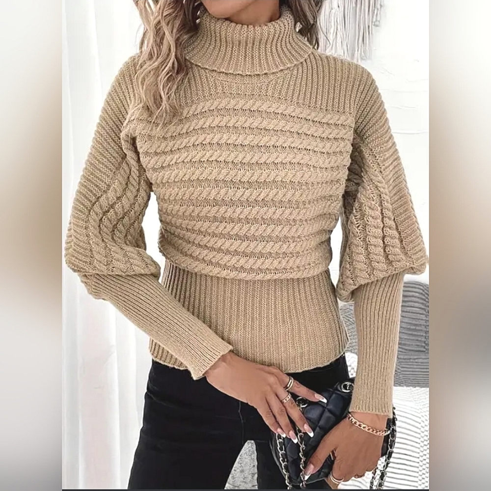 New Glam Cable Knit Turtleneck Sweater Top Leg Of Mutton Khaki Tan